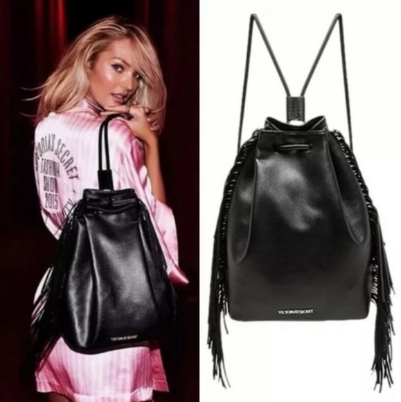 Victoria's Secret Handbags - Victoria's Secret Black Vegan Leather Fringe Backpack Handbag Shoulder Bag NWT